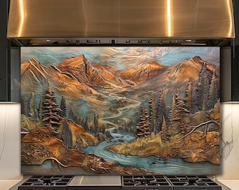 Dosseret en verre de rivière de montagne, décoration de cuisine de paysage rustique, art mural de lac de forêt