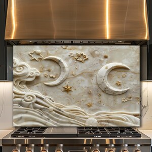 Celestial Moon Glass Backsplash, Beige Marble Effect Kitchen Wall Panel, Starry Sky Decor