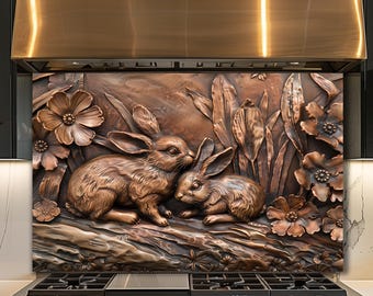 Dosseret en verre Lapin bronze, décoration de cuisine florale boisée, panneau de verre imprimé UV