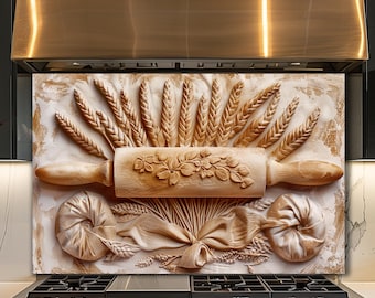 Boulangerie, dosseret en verre, décoration de cuisine en blé rustique, crédence sur le thème de la pâtisserie
