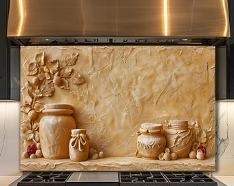 Dosseret en verre de garde-manger de cuisine rustique, décor de pot Mason vintage, panneau mural de ferme
