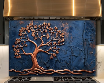 Arbre de vie dosseret en verre, panneau de cuisine en cuivre bleu, décoration murale art cuisine nature