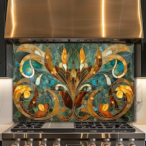 Może przedstawiać: Dekoracyjne szkło hartowane do kuchni z witrażem. Grafika przedstawia centralny motyw kwiatowy z wirującymi wzorami w odcieniach turkusu, brązu, złota i pomarańczy. Szkło hartowane jest zainstalowane nad kuchenką gazową ze stali nierdzewnej.