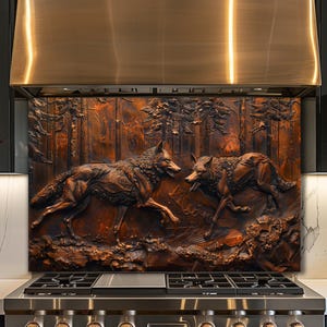 Puede incluir: Un protector de salpicaduras de campana extractora de metal color cobre con una escultura en relieve de dos lobos en un entorno forestal. La obra de arte representa a los lobos interactuando entre árboles y follaje, creando un diseño rústico inspirado en la naturaleza.