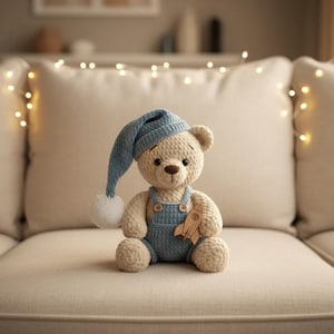 May include: A handmade beige teddy bear wearing a blue knit cap with a white pom-pom and blue overalls. The bear is holding a wooden rocket and is sitting on a beige couch. The background includes a string of lights.
