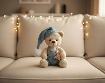 Sleepy Amigurumi Teddy Beer, Overalls Nightcap, Instant Download
