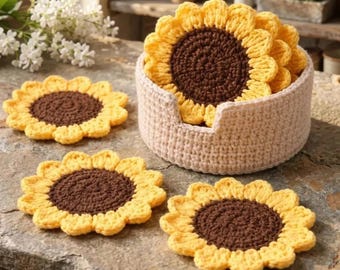 Sunflower Coaster Crochet Pattern, Cozy Set with Dip Holder (PDF)
