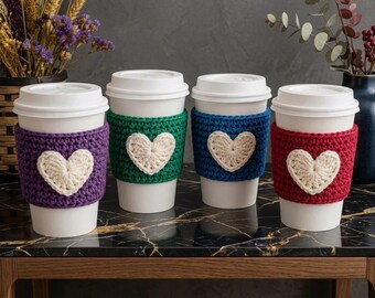 Crochet Heart Coffee Sleeve Pattern, DIY Mug Cozy Pattern, Easy Cup Sleeve PDF, Cute Valentine Gift Idea | KnotMuseStudio