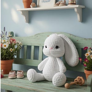 May include: A handmade white crochet bunny with long ears, black eyes, and a pink nose. The plush toy is sitting on a distressed green bench. A wooden rattle and small shoes are also visible.