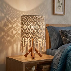 May include: A beige macrame table lamp with a wooden tripod base. The lamp shade has a geometric pattern with colourful beads and tassels. The lamp is on a wooden bedside table.