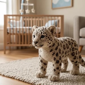 Puede incluir: Un juguete de cachorro de leopardo tejido a ganchillo con manchas marrones y beige se encuentra sobre una alfombra de color neutro. El animal hecho a mano tiene una cara detallada y está colocado en un entorno de guardería, con una cuna y decoración en el fondo.