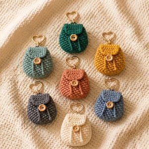 Op de afbeelding: Zeven kleine gehaakte rugzak-sleutelhangers in diverse kleuren, waaronder donkergroen, lichtblauw, geel, terracotta, donkergrijs, crème en stofblauw. Elke minitas heeft een klep met een houten knoop en een gouden hartvormige ring.