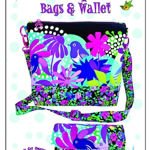 May include: A colorful crossbody bag and wallet set with a floral and bird design. The bag features a black top with white polka dots, a strap, and a matching wallet. The text "Crossbody Crush Bags & Wallet" is displayed at the top.