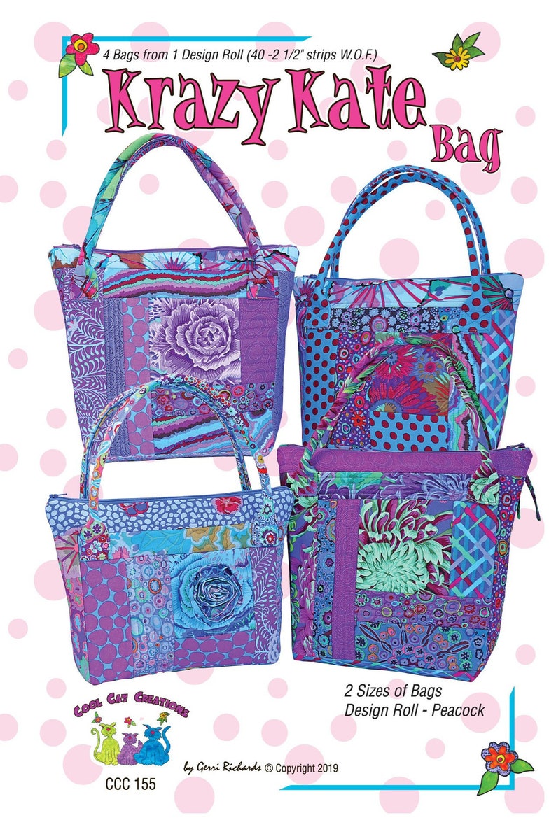 Krazy Kate Bag paper pattern make 4 Bags with 1 jelly roll or design roll, 2 sizes of bags with four different looks. image 1