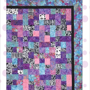May include: A quilt pattern called "Easy Peasy Quilt" by Cool Cat Creations. The pattern features a patchwork design with squares of various colours and patterns, including purple, pink, blue, black, and white. The pattern is numbered CCC 116 and is copyrighted 2011.