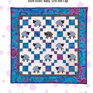 May include: A quilt pattern featuring a white background with a blue and purple floral border. The center of the quilt features a checkerboard pattern with black and white sheep with polka dots. The title of the pattern is "Wee Lambs" and the text "Quilt Sizes: Baby, Crib and Lap" is below the title. The text "Cool Cat Creations by Gerri Richards Copyright 2025 CCC 163" is at the bottom of the image.