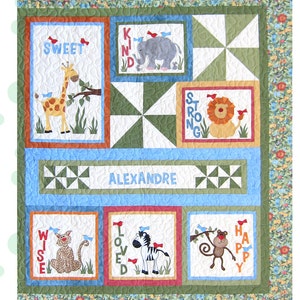 Personalized Baby Quilt Pattern With Applique Jungle Animals, Size 52&quot; by 58&quot;