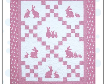 Bunny Love Quilt Pattern Sizes For Baby Crib and Single Quilt Size With Applique Bunnies