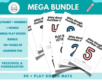Alphabet Numbers Words Play Dough Mats Bundle, 90 pages, Preschool Learning (Digital Download)
