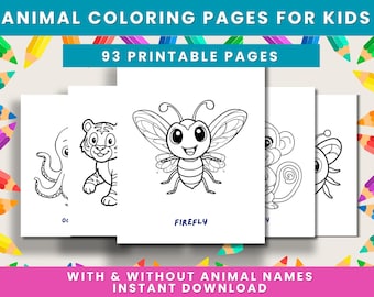 93 Pages Animal Coloring Book |  With & Without Names (PDF Download)