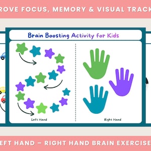 Puede incluir: Tarjetas de actividades educativas para niños con el texto "Brain Boosting Activity for Kids". Las tarjetas presentan patrones de estrellas coloridas y contornos de manos, diseñadas para mejorar la concentración, la memoria y el seguimiento visual. También está presente el texto "Left Hand - Right Hand Brain Exercises".