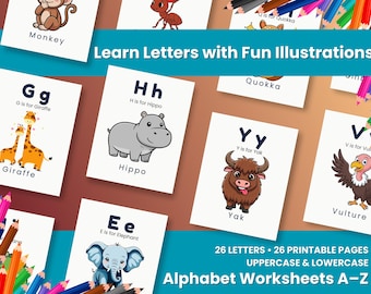 Alphabet Worksheets A–Z | Letter Recognition Printables | A is for Apple Alphabet | Preschool Kindergarten Homeschool ESL