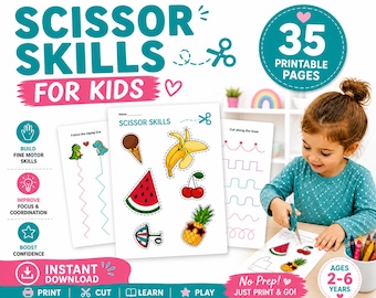 35 PAGES | Scissor Skills Worksheets for Kids | Cutting Practice Printable | Preschool Fine Motor Activities