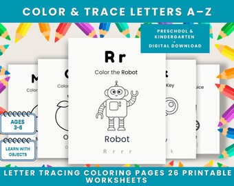 Alphabet Tracing Worksheets A-Z – Preschool Coloring Pages (Digital Download)