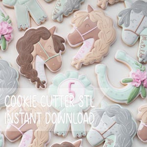 May include: A collection of decorated sugar cookies featuring horse heads with braided manes, a horseshoe with pink flowers, and a rosette ribbon with the number 5. The text COOKIE CUTTER STL INSTANT DOWNLOAD is overlaid on the image.