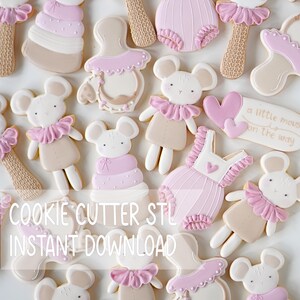 May include: A collection of baby-themed sugar cookies featuring light pink and beige icing. Shapes include mice with ruffled collars, pacifiers, baby rompers, and a rectangular cookie with the text a little mouse is on the way. COOKIE CUTTER STL INSTANT DOWNLOAD.
