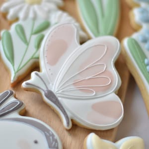 Puede incluir: Primer plano de galletas de azúcar decoradas con temática primaveral. Las galletas incluyen una mariposa con detalles blancos y rosas, una margarita, un pájaro y otros diseños florales. Las galletas están sobre una superficie de madera.