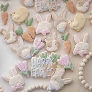 Könnte beinhalten: Eine Auswahl an Osterkeksen, darunter Hasen, Küken, Karotten und Blumen. Die Kekse sind mit Pastellfarben und den Worten "Happy Easter" verziert.