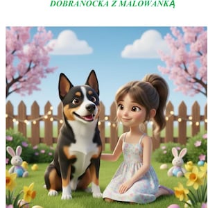 May include: A digital illustration of a girl and a dog in a garden setting. The dog is black, brown, and white. The girl is wearing a floral dress. The scene includes Easter eggs, flowers, and a bunny.