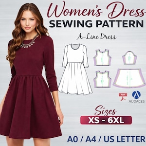 Puede incluir: Un vestido burdeos de línea A con mangas largas se muestra en la imagen. El texto "Women's Dress Sewing Pattern" y "Tallas XS - 6XL" también son visibles. Se muestra un diagrama del patrón del vestido, con el texto "A0 / A4 / US LETTER".