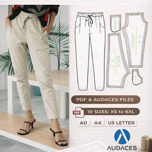 Puede incluir: Patrón de costura para pantalones de jogging. La imagen muestra unos pantalones de jogging beige con cintura con cordón. El patrón incluye un diagrama de los pantalones y piezas del patrón. El texto en la imagen incluye "PDF & AUDACES FILES" y "10 TALLAS: XS a 6XL".