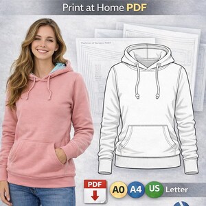May include: A pink hoodie with a front pocket and a drawstring hood is shown next to a line drawing of a white hoodie. The image also includes the text "Hoodie Sewing Pattern XS-6XL Print at Home PDF".