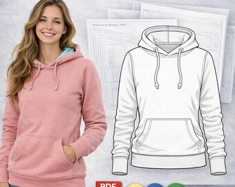 Wykrój bluzy z kapturem w dużym rozmiarze XS–6XL w formacie PDF / Wykrój kieszeni kangurkowej na bluzę z kapturem / Drukuj w domu / A0, A4, format US Letter / Zawiera Audaces