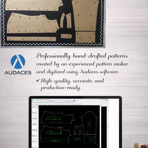 May include: A laptop displays a pattern design, with a physical pattern board above. The board features tan paper pattern pieces on a black background. Text reads: "Professionally hand-drafted patterns...High-quality, accurate, and production-ready."
