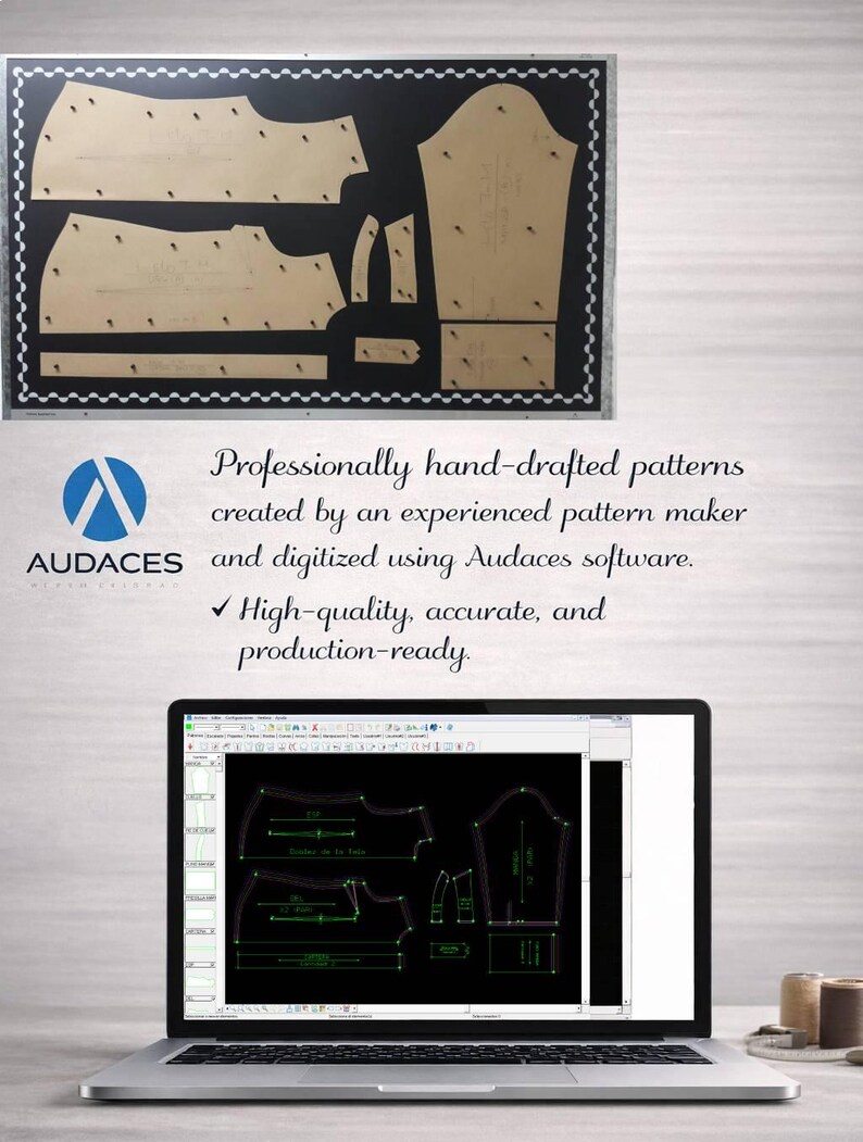 May include: A laptop displays a pattern design, with a physical pattern board above. The board features tan paper pattern pieces on a black background. Text reads: "Professionally hand-drafted patterns...High-quality, accurate, and production-ready."