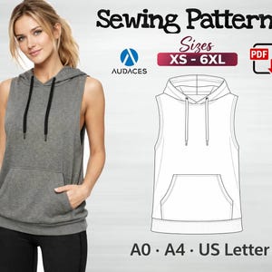 Puede incluir: Una sudadera con capucha gris sin mangas con un bolsillo delantero y cordones negros. La imagen incluye el texto "Sewing Patterns" y "Sizes XS - 6XL". También hay un icono de descarga PDF.