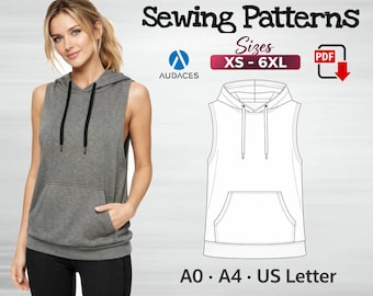 Wykrój na bluzę bez rękawów z kapturem XS–6XL | Wykrój na damską bluzę z kapturem | Kieszeń kangurka | Wykrój PDF A0 A4 US Letter + plik Audaces