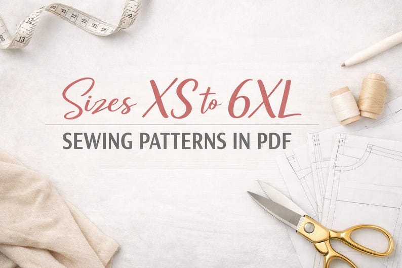 May include: A flat lay featuring sewing patterns in PDF format, with the text "Sizes XS to 6XL". A measuring tape, scissors, thread spools, and a pen are also visible on a white surface.