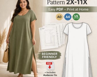 Wykrój na sukienkę maxi w dużym rozmiarze 2X–11X w formacie PDF / Łatwy wykrój do szycia / Luźna sukienka / Drukuj w domu / A0 A4 US Letter / Zawiera Audaces