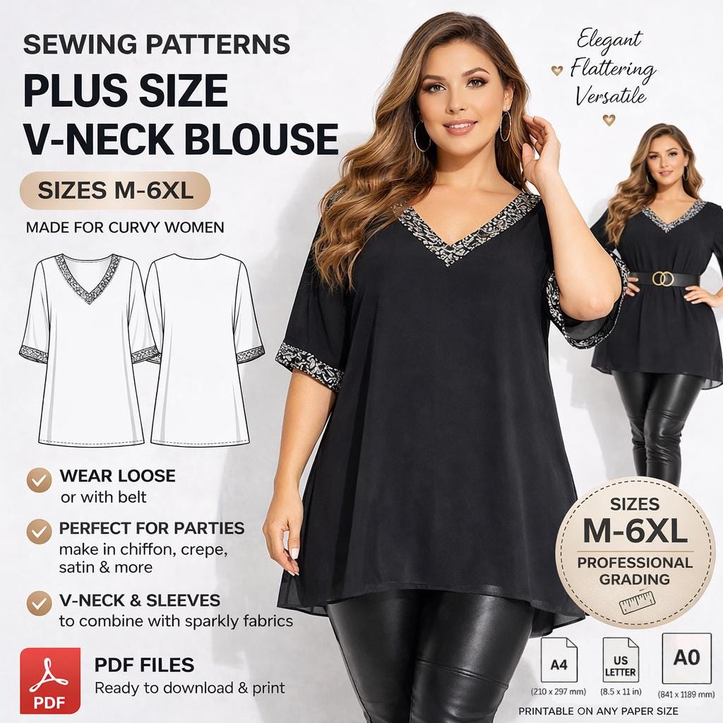 Plus Size V-neck Blouse Sewing Pattern PDF | Sizes M–6XL | A0, A4, US ...