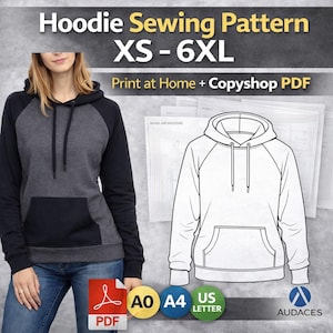 Könnte beinhalten: Ein grauer und schwarzer Kapuzenpullover mit Kängurutasche, dargestellt mit einer Schnittmusterzeichnung. Der Text lautet "Hoodie Sewing Pattern XS-6XL" und "Print at Home + Copyshop PDF". Enthält PDF-, A0-, A4- und US-Letter-Symbole.