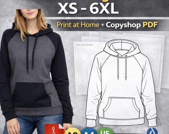 Wykrój bluzy z kapturem w dużym rozmiarze XS–6XL w formacie PDF / Wykrój bluzy raglanowej / Wydrukuj w domu / Zawiera plik Audaces