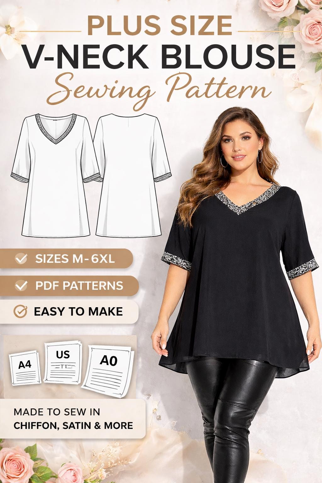 Plus Size V-neck Blouse Sewing Pattern PDF | Sizes M–6XL | A0, A4, US ...