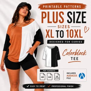 Pu&ograve; includere: Una maglietta colorblock taglie forti con la scritta "PLUS SIZE XL TO 10XL" e "DESIGNED FOR CURVES". La maglietta ha un design a met&agrave;, con un lato marrone, l'altro bianco e maniche nere. L'immagine include anche il testo "Colorblock TEE".