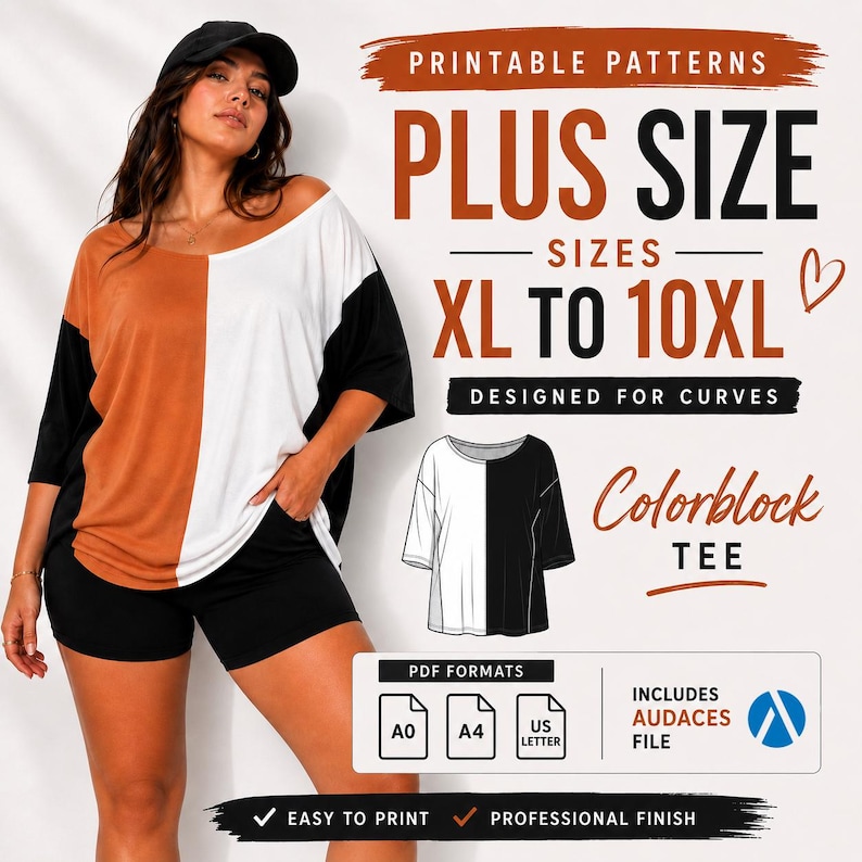Pu&ograve; includere: Una maglietta colorblock taglie forti con la scritta "PLUS SIZE XL TO 10XL" e "DESIGNED FOR CURVES". La maglietta ha un design a met&agrave;, con un lato marrone, l'altro bianco e maniche nere. L'immagine include anche il testo "Colorblock TEE".