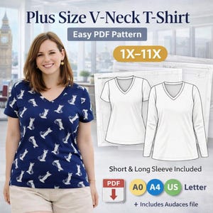 Plus Size V-Neck T-Shirt Pattern 1X–11X PDF / Easy Sewing Pattern / Short & Long Sleeve / Print at Home / Includes Audaces